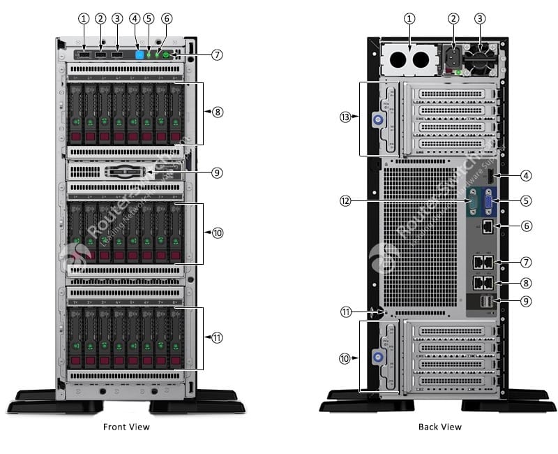 HPE ML350 Gen10 8SFF Front and Rear View